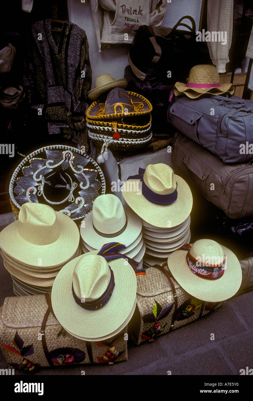 broad-brimmed hats souvenirs Mexican handicrafts craft market at Plaza Malecon in Puerto Vallarta in Jalisco State in Mexico Stock Photo