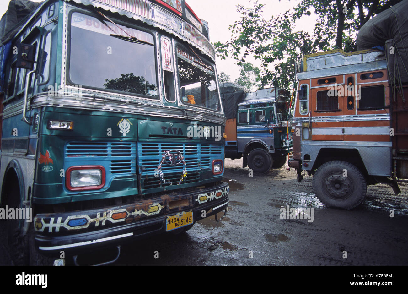 Lorries parked at a truck stop in West Bengal, India Stock Photo