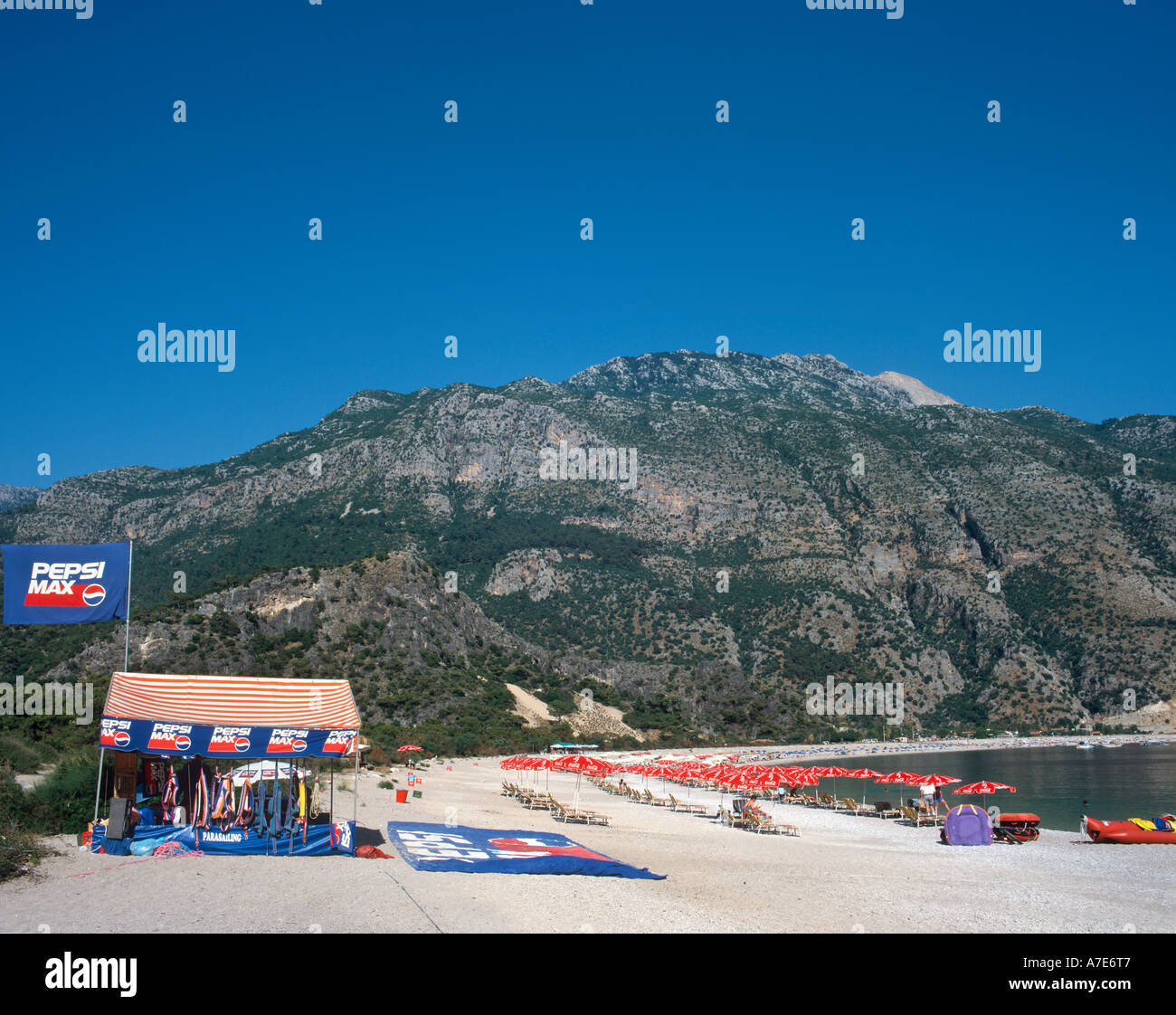 Parasailing outlet, Olu Deniz Beach, near Fethiye, Turkey Stock Photo