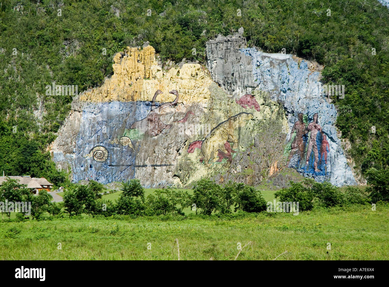 Mural de la Prehistoria fresco in the Vinales Valley, Cuba. Stock Photo