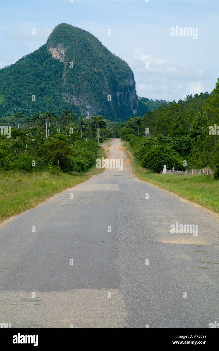Straight road and mogotes hills in the Vinales valley Cuba Stock Photo