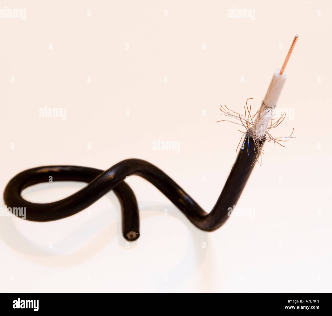 Image of a short section of coaxial cable with the end stripped to show