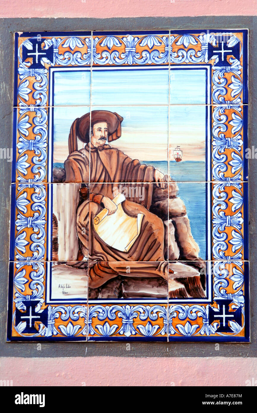 Azulejo wall tile picturing Henry the Navigator Sagres Algarve Portugal Europe Stock Photo