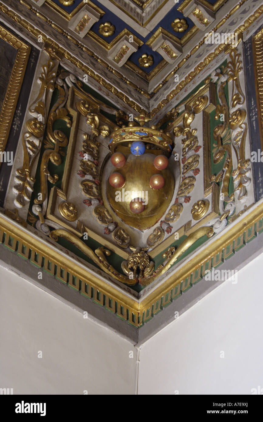 Interior Florence Italy  Palaco Vecio palace medieval frescoes ceiling gilded coat Stock Photo