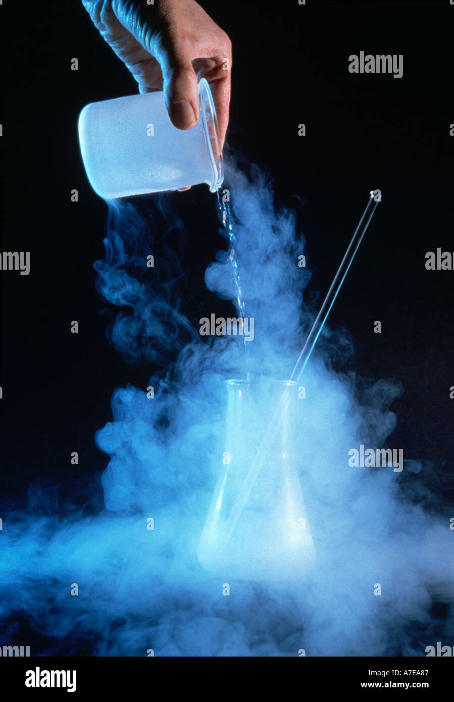 A stream of liquid nitrogen at 200degC being poured into a flask causing clouds of misty vapour