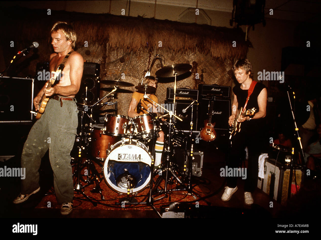 THE POLICE in concert in 1979 with Sting at left Stock Photo