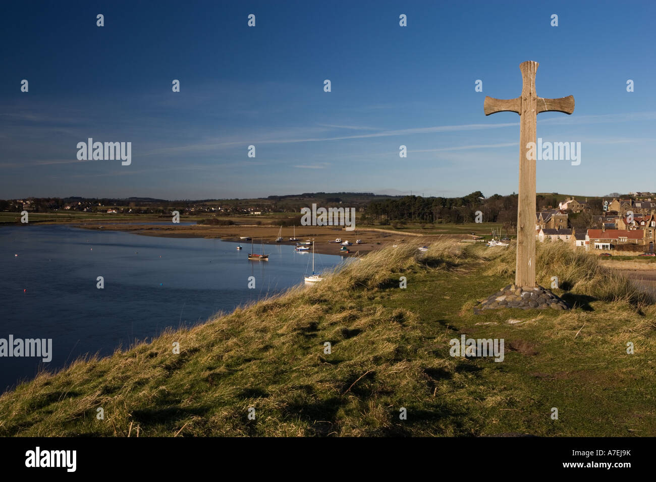 View of Alnmouth Village and Estuary from Church Hill, Northumberland, England, UK Stock Photo