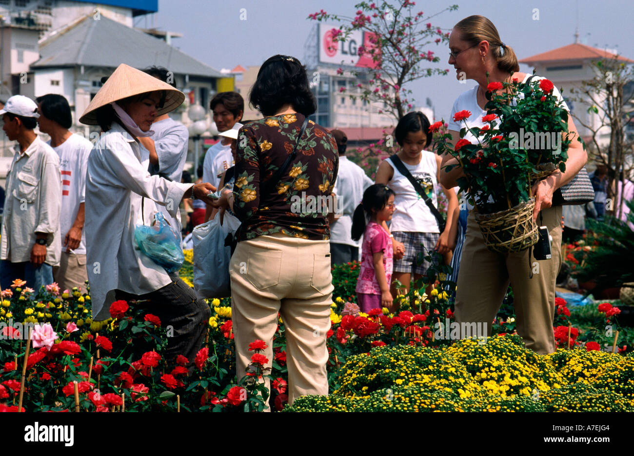 Feb 1, 2003 - Tourist buying flower pot at the flower market near the town hall in Saigon Stock Photo