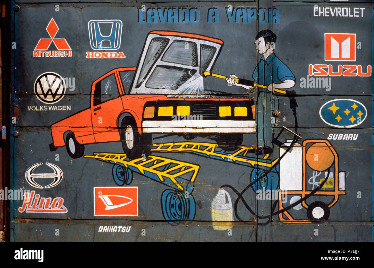 Feb 06, 2002 - Hand painted ads for different car manufacturers at the gate of a carwash in central San Salvador. Stock Photo