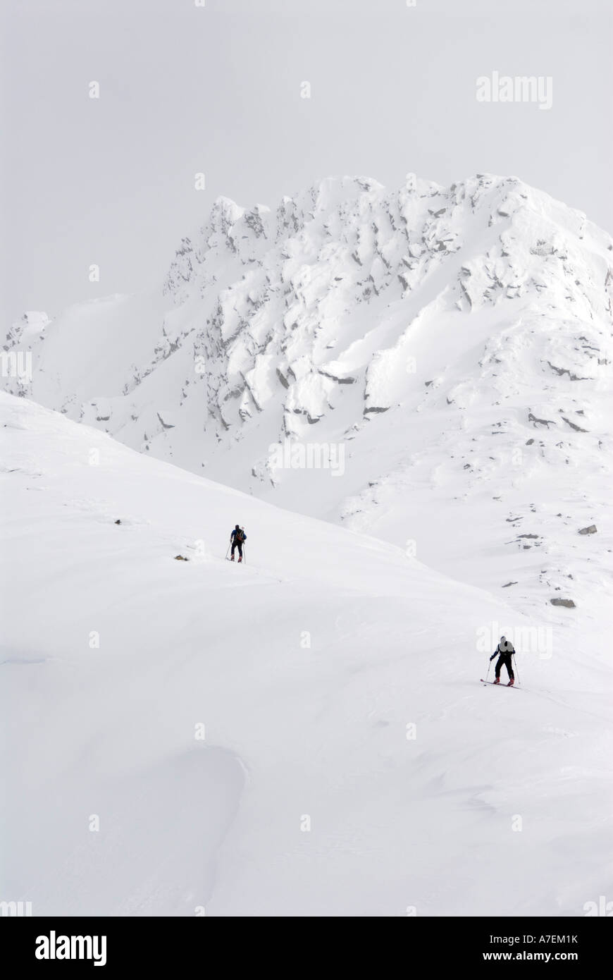 Skiers below Young's Peak, Asulkan Glacier, Rogers Pass area, Selkirk Mountains, Canadian Rockies, British Columbia, Canada Stock Photo