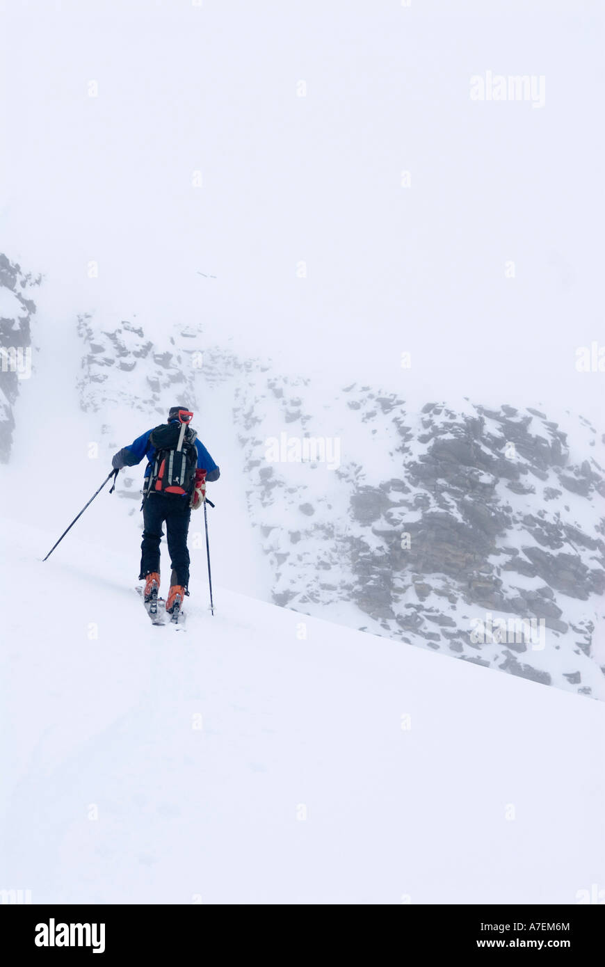 backcounry skier skinning near Balu Pass, Rogers Pass area, Selkirk Mountains, Canadian Rockies, British Columbia, Canada Stock Photo