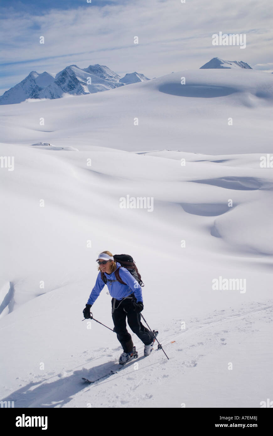 Skier skinning on The Illicilliwaet Glacier, Rogers Pass area, Selkirk Mountains, Canadian Rockies, British Columbia, Canada Stock Photo