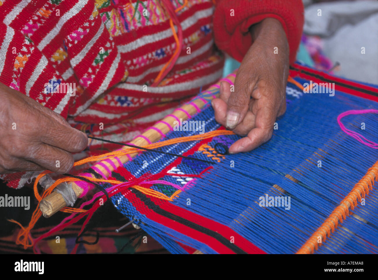 North America, Mexico, Oaxaca Demonstration of backstrap loom weaving