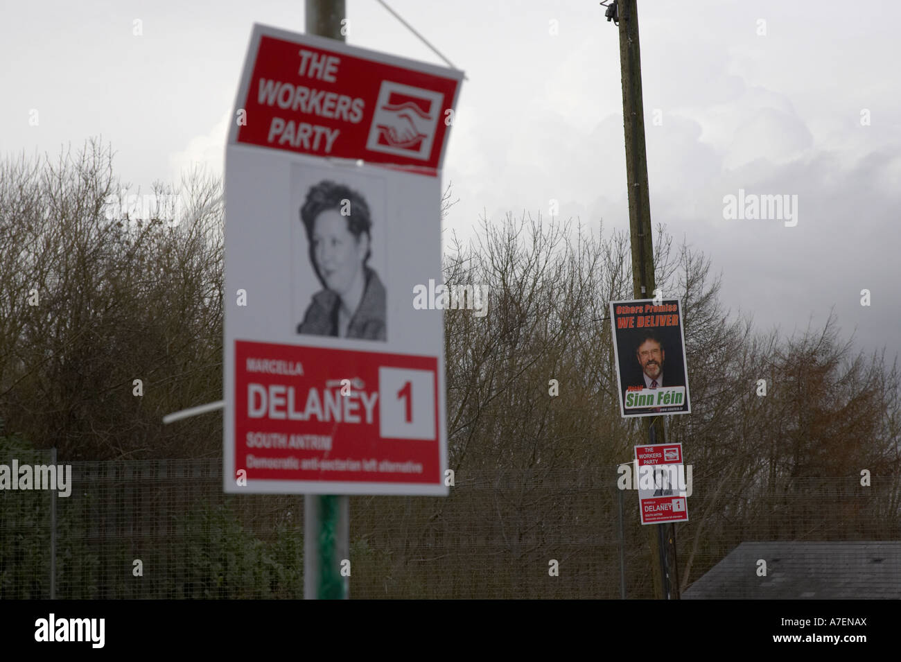 election posters for the workers party and sinn fein put on poles for northern ireland assembly elections 2007 Stock Photo