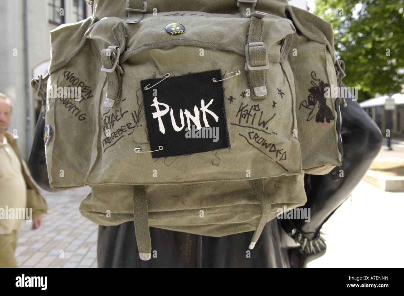 punk rock rucsac bag backpack anarchy anarchist new age traveller  horizontal colour color day daylight youth urban badge patch s Stock Photo  - Alamy