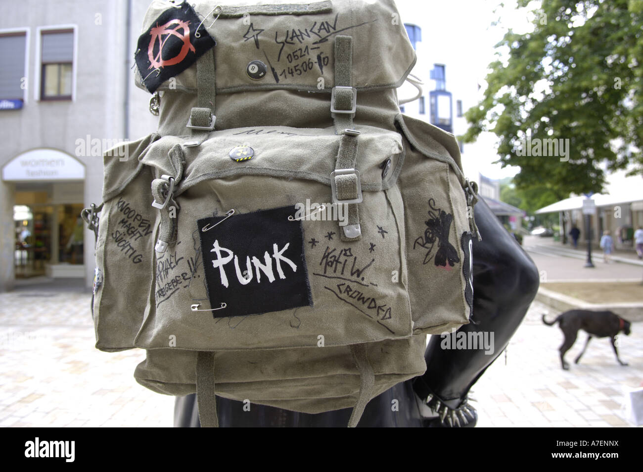 punk rock rucsac bag backpack anarchy anarchist new age traveller  horizontal colour color day daylight youth urban Stock Photo - Alamy