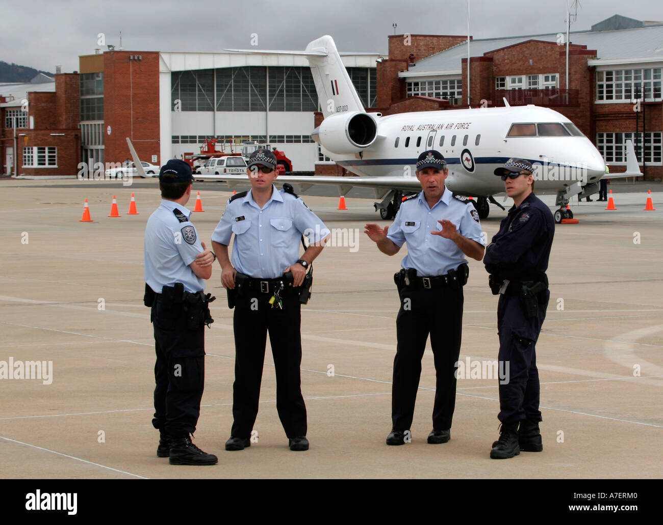 Australian Federal Police and the Australian Prime ministers jet a Bombardier Challenger CL 604 at Fairbairn airport in Canberra Stock Photo