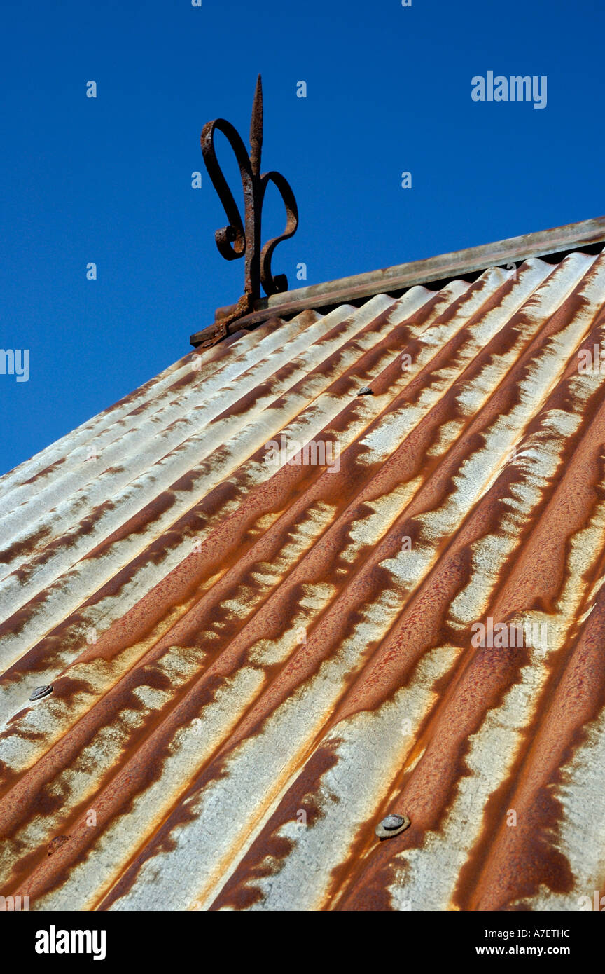 Corrugated iron roof Red bothy Monadhliath Scotland Stock Photo