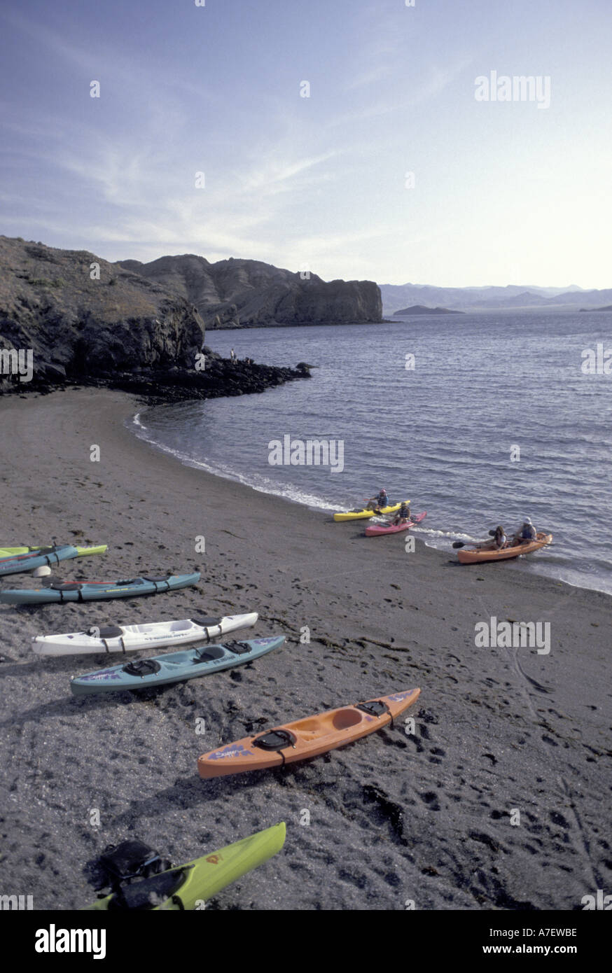 NA, Mexico, Baja Mexico, Isla Coronado, Bahia de Los Angeles. Kayakers on beach  (MR) Stock Photo