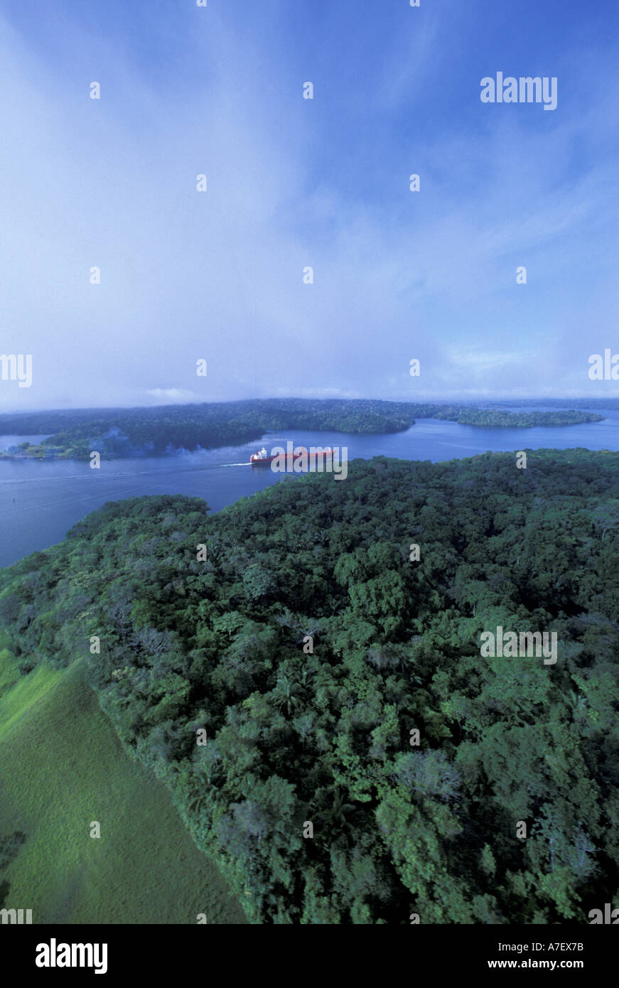 Central America, Panama, Panama Canal, Aerial of ship in Lake Gatun ...