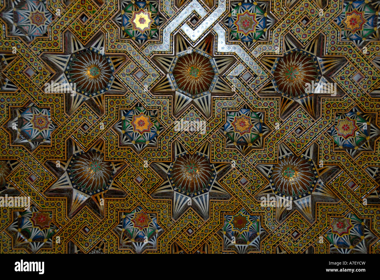 Fine arts colourful decoration of a wooden ceiling in mosque Hassan II Casablanca Morocco Stock Photo