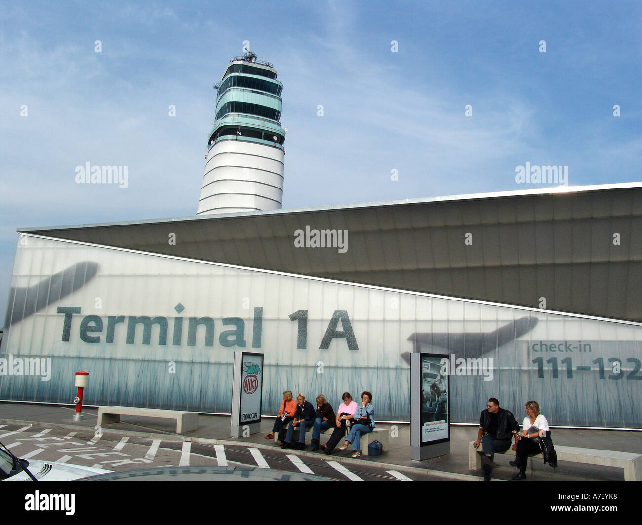 AUT, Austria, Vienna : Terminal 1A of Vienna Schwechat international airport. Airtraffic control tower Stock Photo