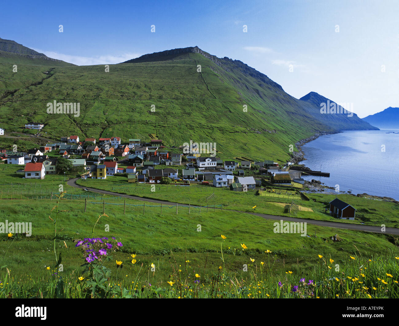 Small fishermans village at a secure bay, Funningur, Eysturoy, Faroe Islands, Denmark Stock Photo