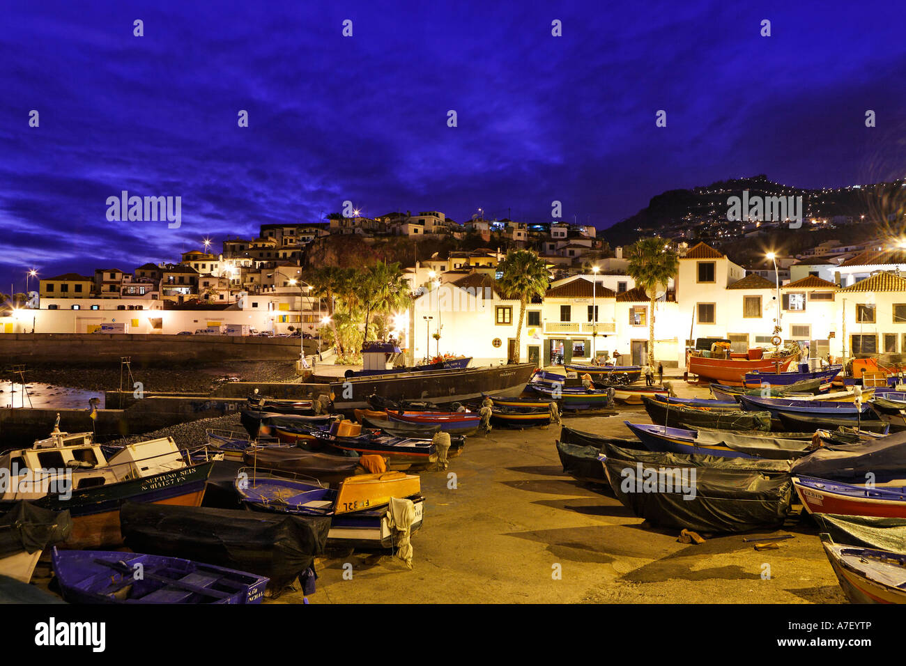 Fishing boats in the harbour of, Camara de Lobos, Madeira, Portugal Stock Photo