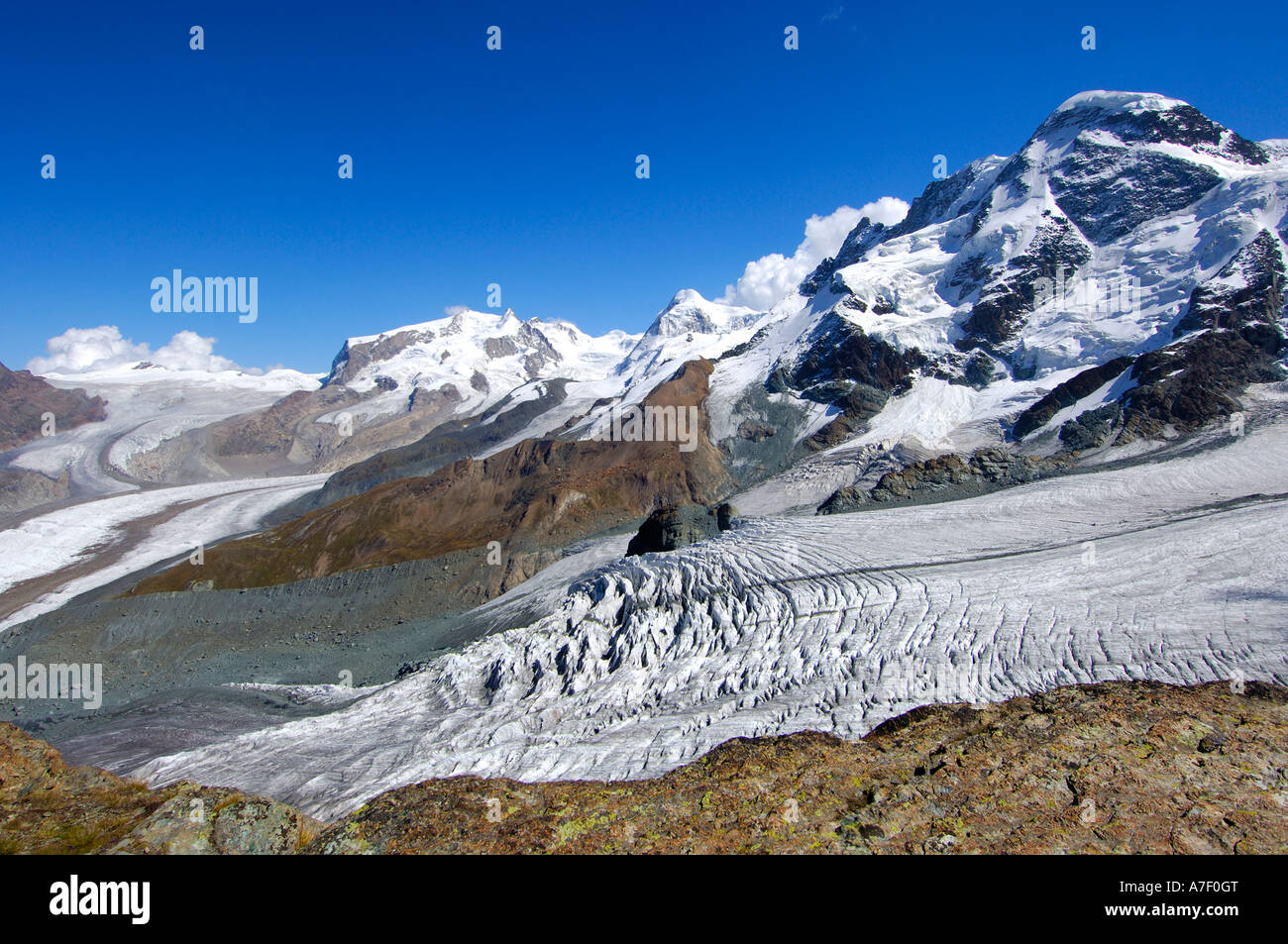 Glacier Findelgletscher, peaks Monte Rosa massive, Lyskamm, Breithorn, glacier lower Theodulgletscher, Zermatt, Valais, Switzer Stock Photo
