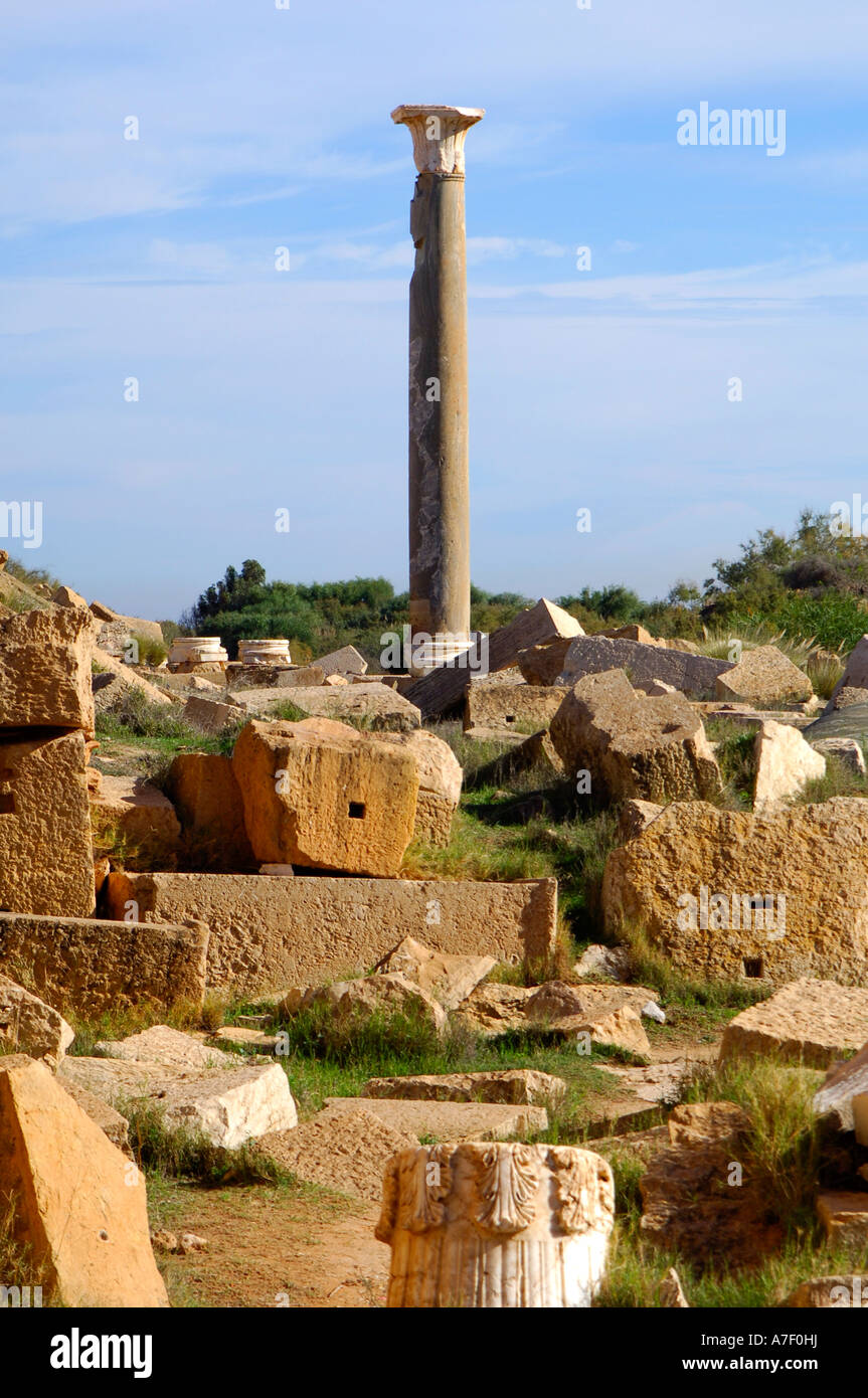 Column with corinthian capital, Ruins of the Roman City Leptis Magna, Libya Stock Photo