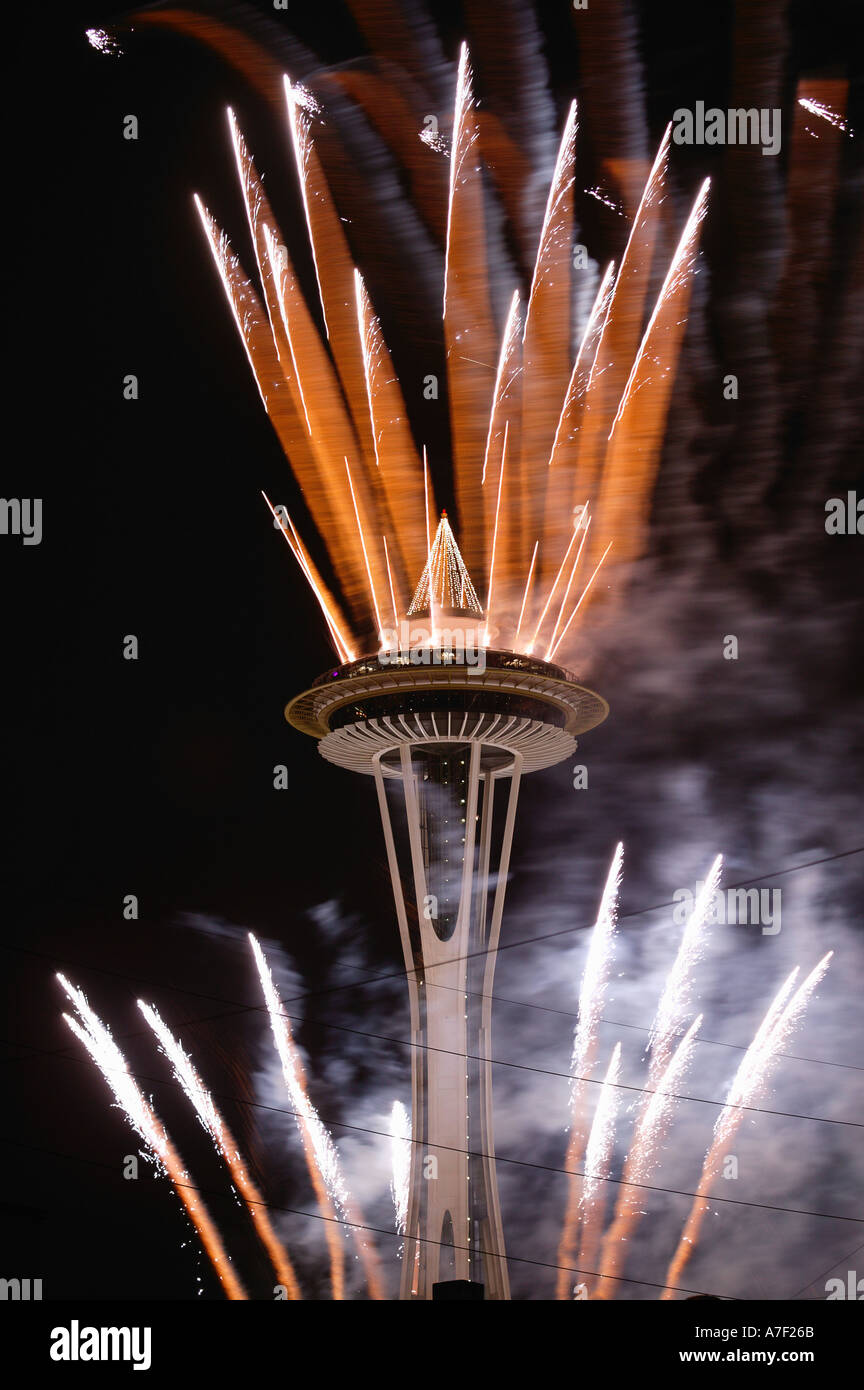 New Years 2003 fireworks from Space Needle Seattle Washington Stock