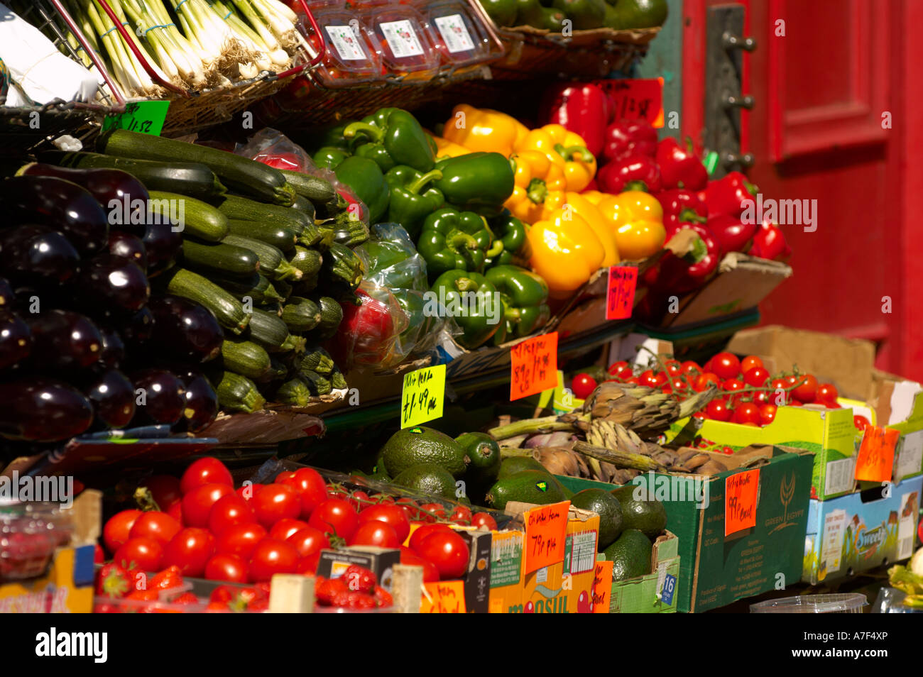 Colourful display of vegetables outside a shop Stock Photo