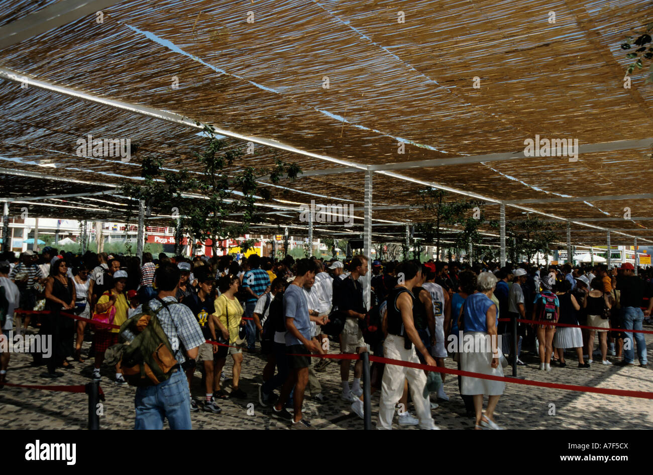 People in a line at Expo 98 Lisbon Portugal Stock Photo
