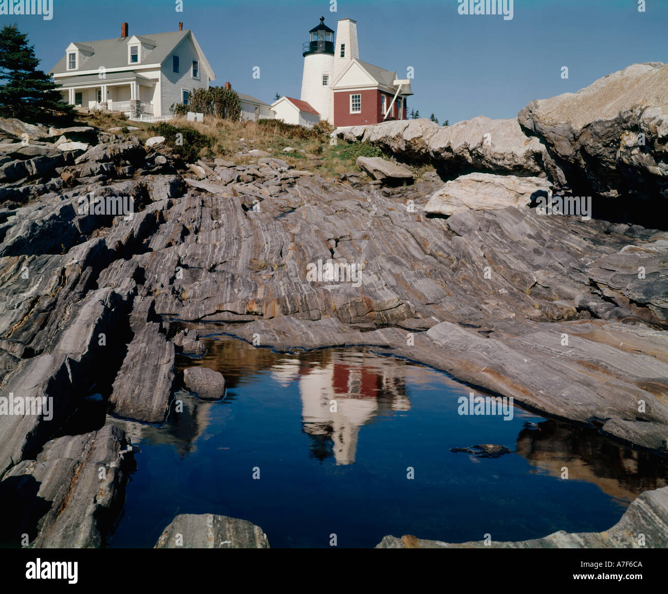 Pemaquid Point Lighthouse near Bristol Maine is visible for 14 miles along the Atlantic coast of Maine Stock Photo