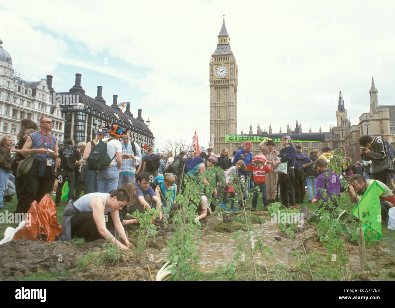 Guerrilla gardening at Mayday anti globalisation protest Parliment Square London UK Stock Photo