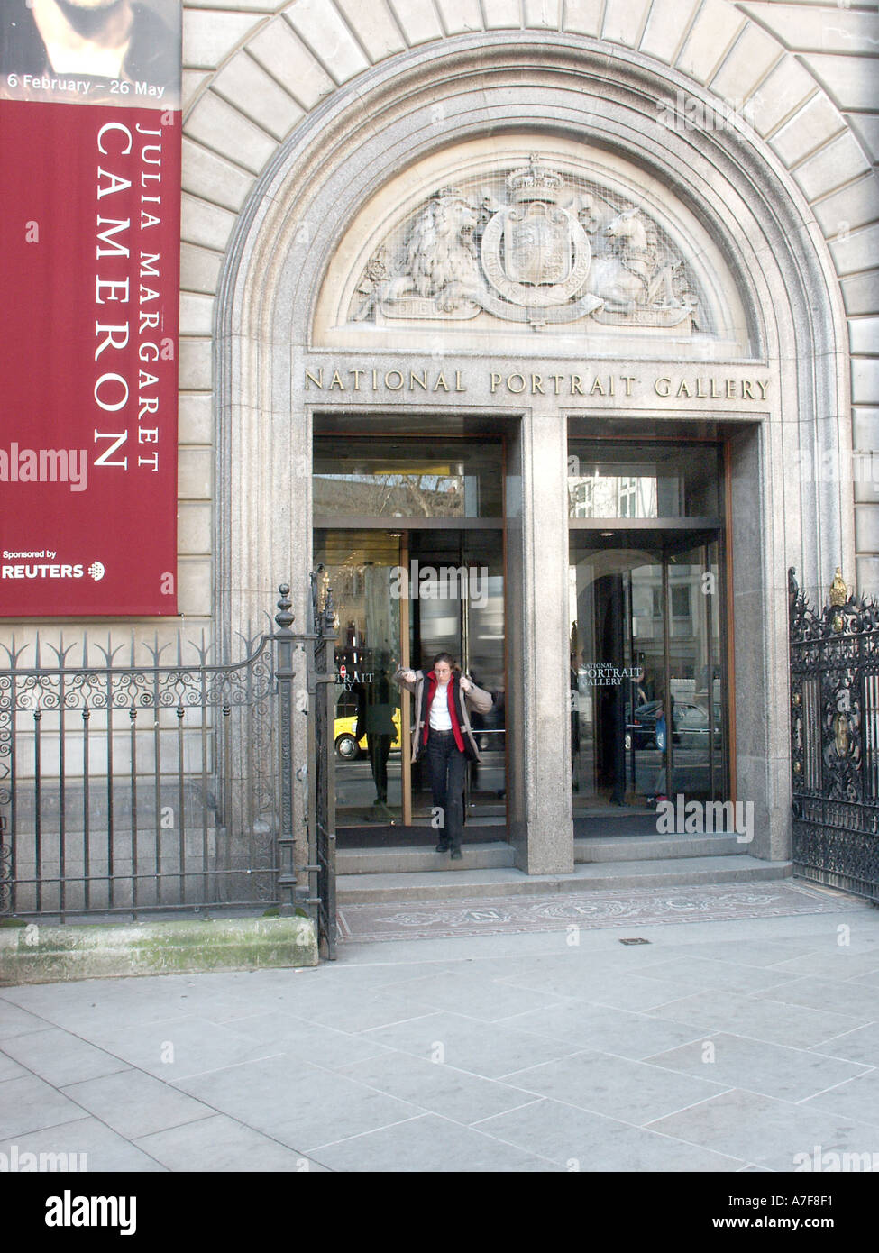 Entrance to The National Portrait Gallery banner promoting Julia Margaret Cameron West End London England UK Stock Photo