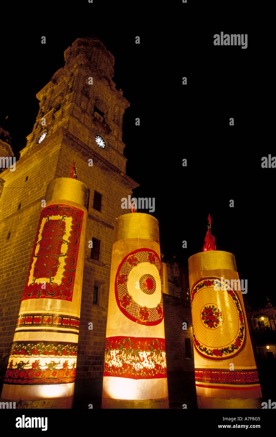 Christmas decorations, Cathedral of the Divine Savior, city of Morelia, Michoacan State, Mexico Stock Photo