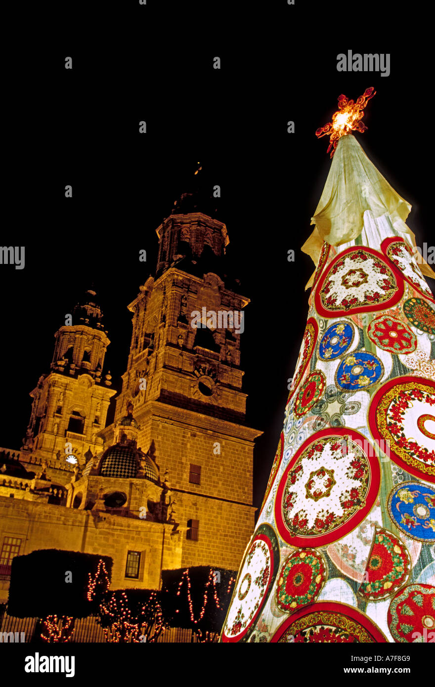 Christmas tree decoration, Cathedral of the Divine Savior of Morelia, city of Morelia, Michoacan State, Mexico Stock Photo