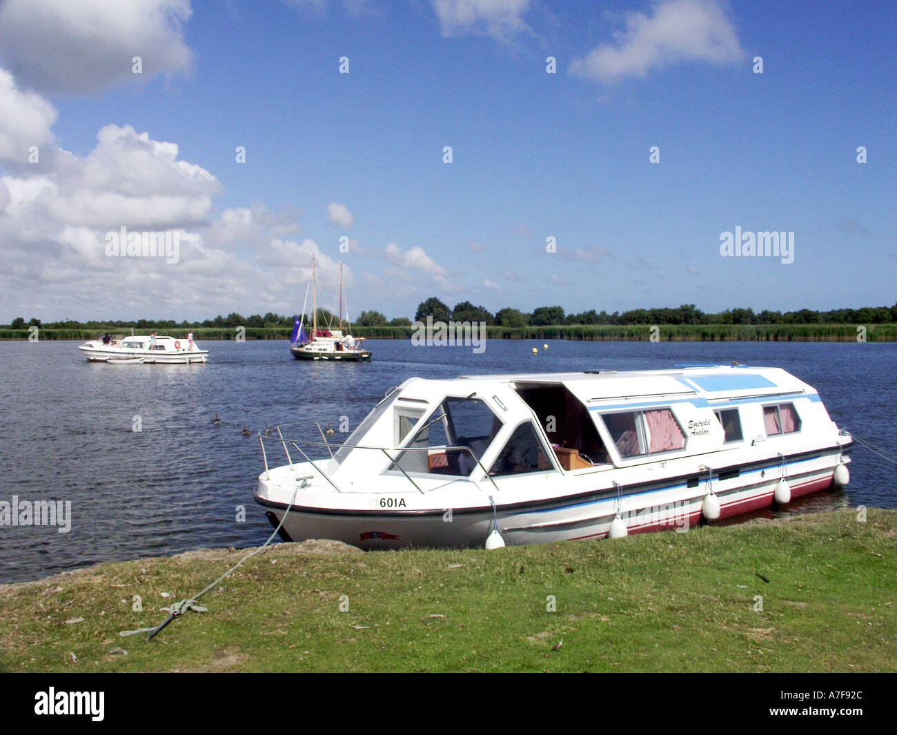 Norfolk Broads holiday hire boat at mooring Horsey Mere near Great
