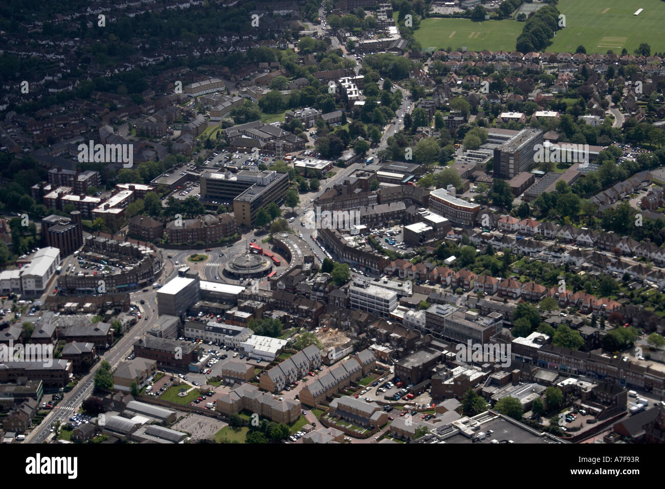 High level oblique aerial view south east of Southgate Circus in Southgate N14 Enfield London England UK Stock Photo