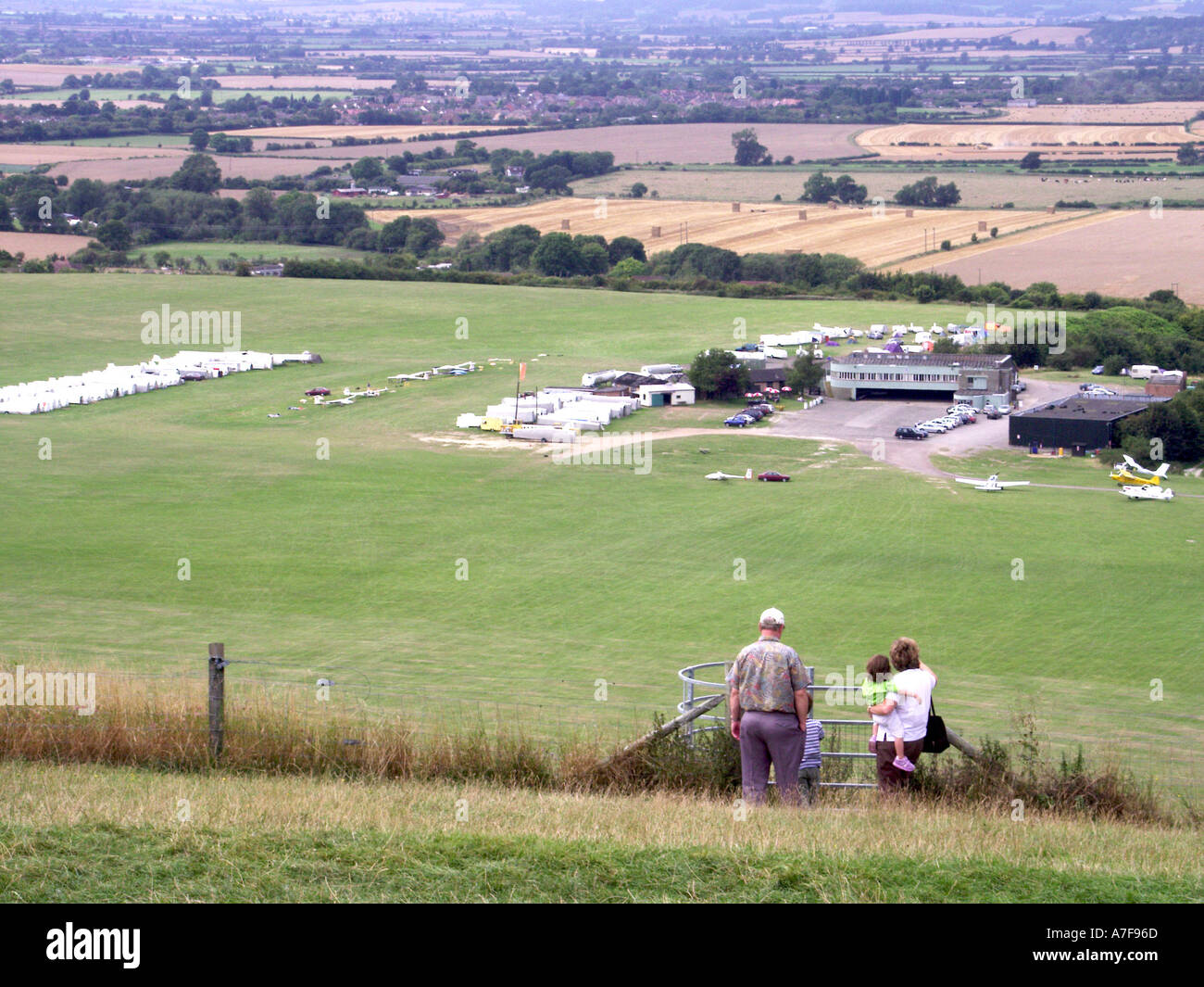Looking down from high up on Dunstable Downs people watching gliders