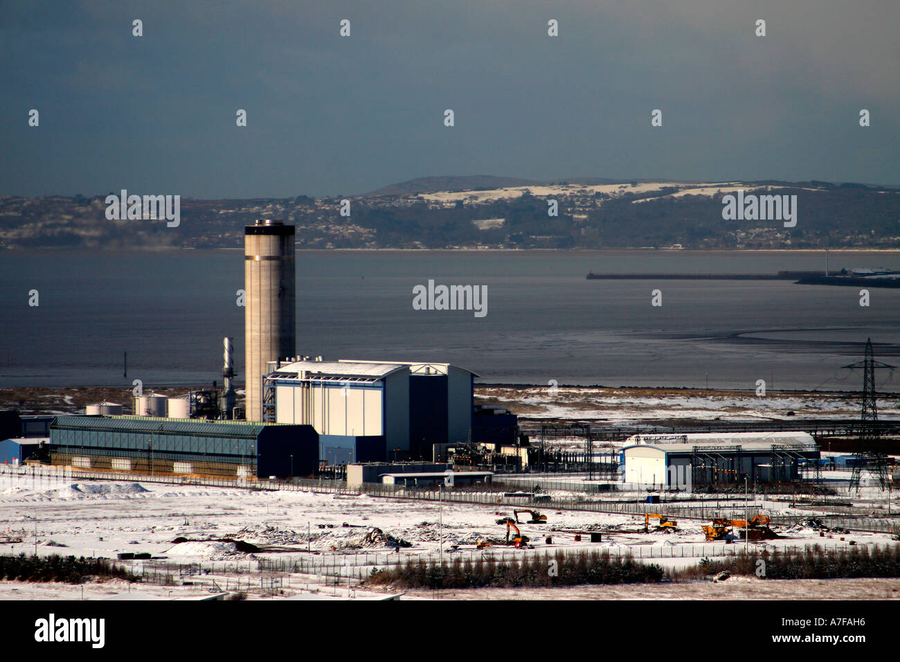 Gas fired power station, Baglan Bay, Port Talbot, after heavy snow fall. Stock Photo