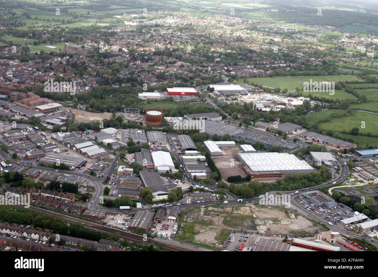 High Level Oblique Aerial View North East Of Water Works And Railway ...