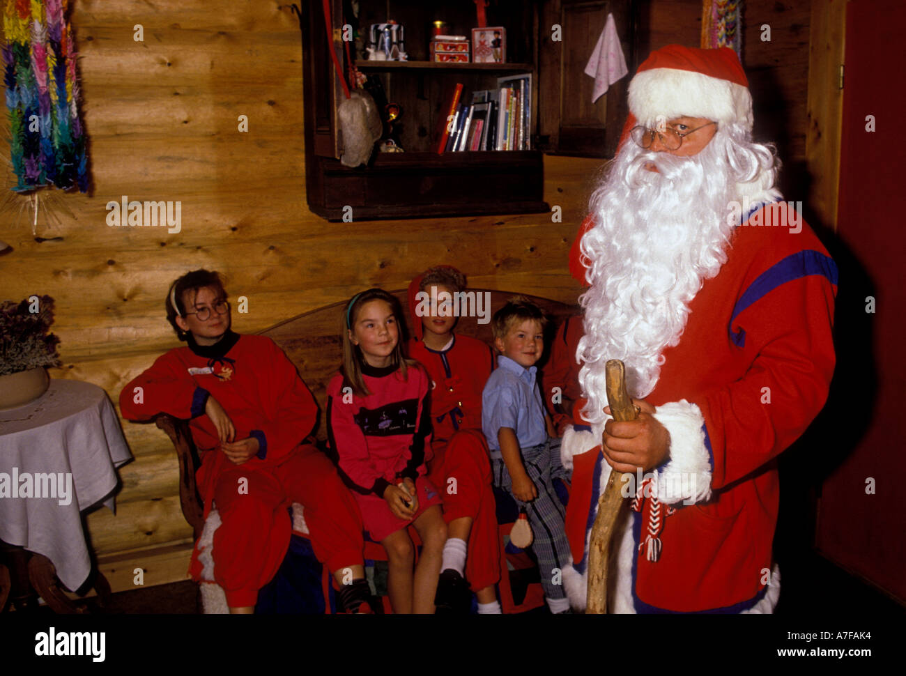 children, visiting, Santa Claus, Santa Claus Village and Santapark, Santa Claus Village, Christmas, Santapark, Rovaniemi, Arctic Circle, Finland Stock Photo