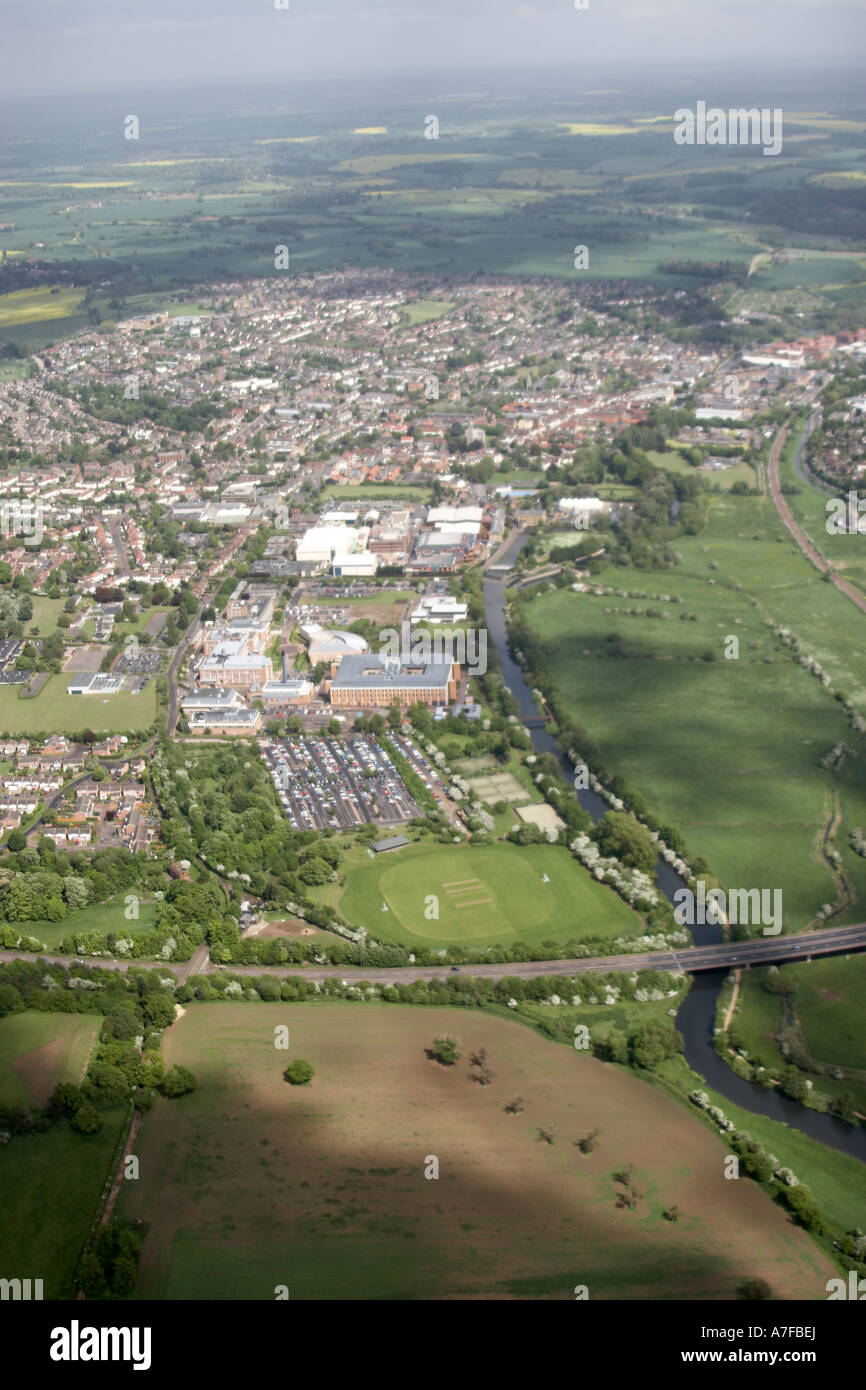 High level oblique aerial view east of residential buildings commercial buildings Industrial Estate River Lea or Lee A10 in Ware Stock Photo