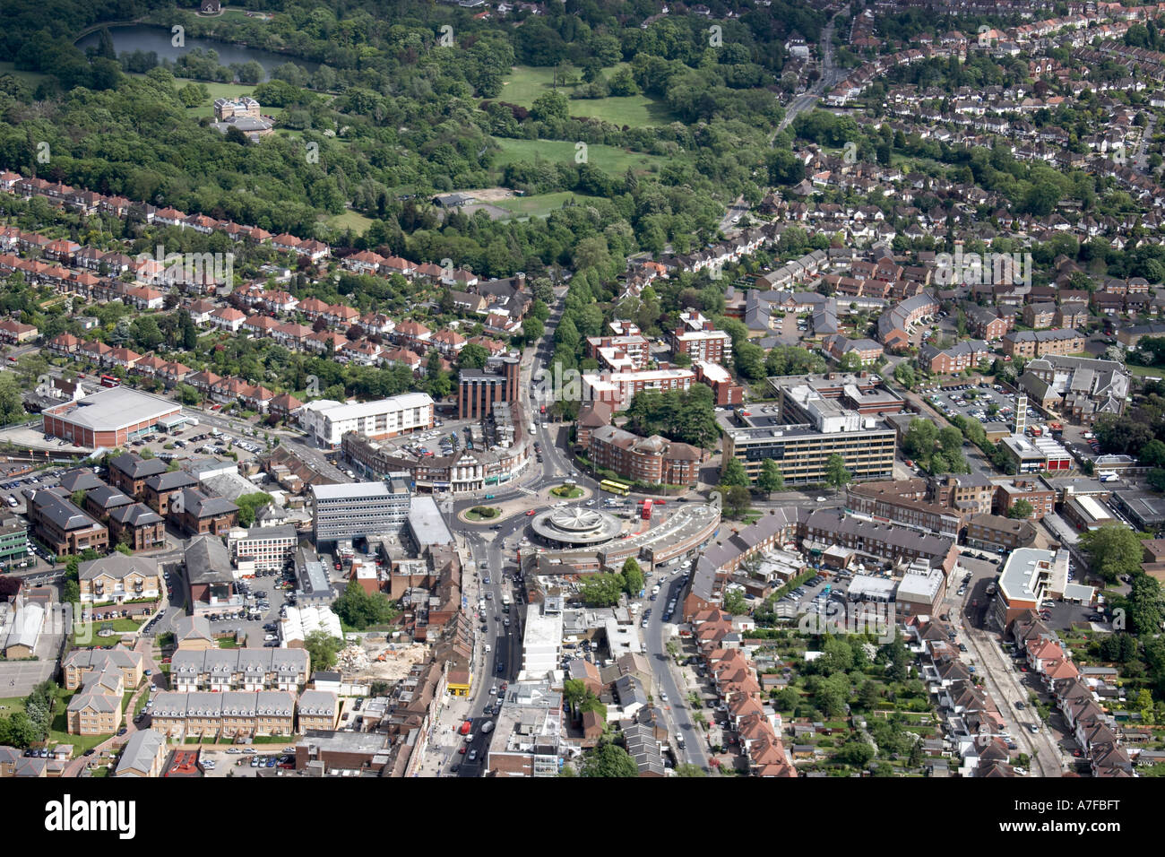 High level oblique aerial view south east of Southgate Circus
