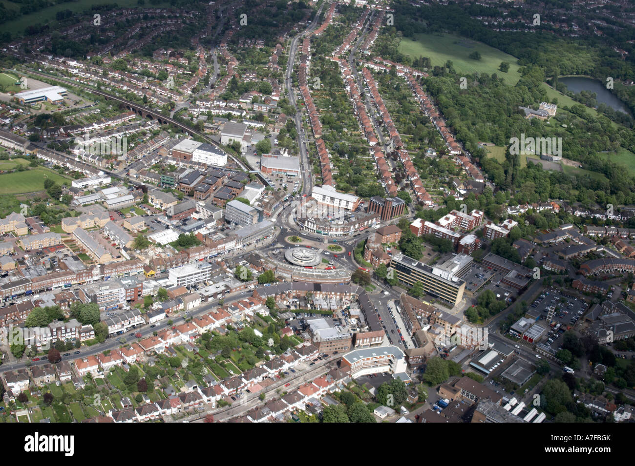 High level oblique aerial view south east of Southgate Circus