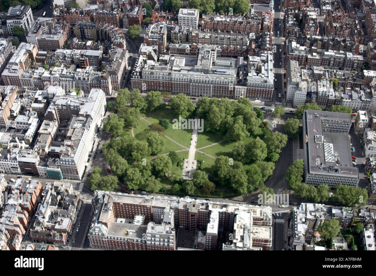High level oblique aerial view south east of Roosevelt Memorial U S Embassy in City of London City of Westminster Mayfair W1 Stock Photo