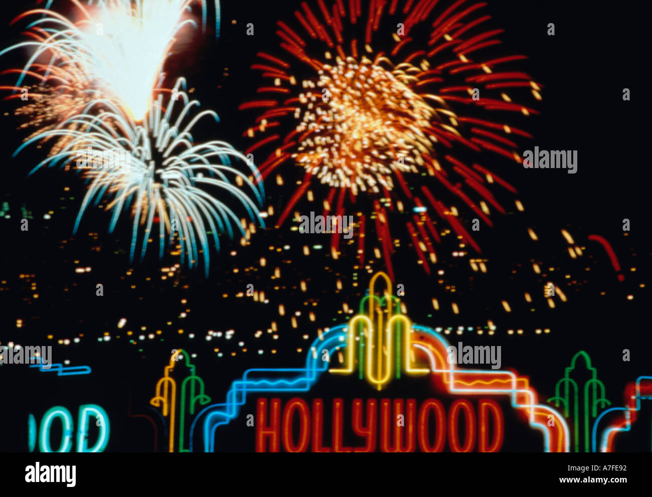 Neon Hollywood sign with fireworks at night Stock Photo Alamy