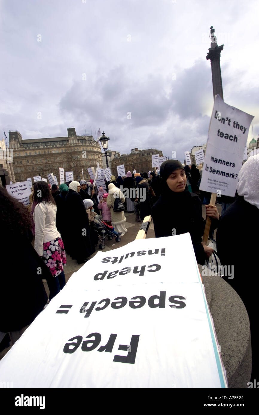 Free speech cheap insults placard at Muslim protest at Danish Cartoon meeting at Trafalgar square Stock Photo